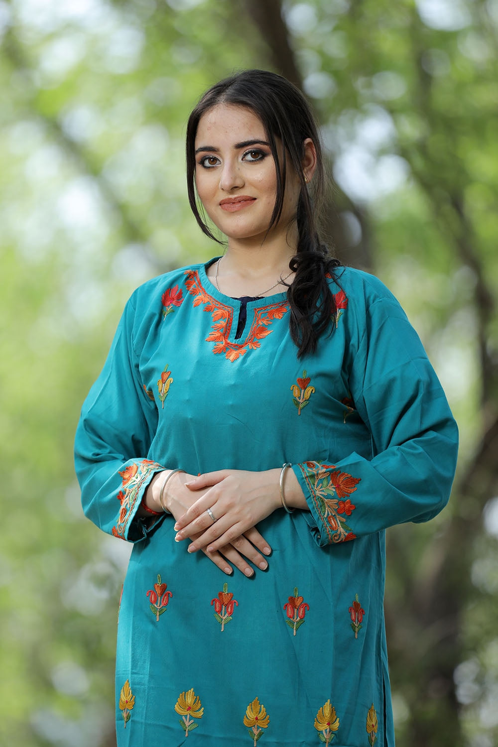 Beautiful Aqua Green Colour Cotton Kurti With Kashmiri