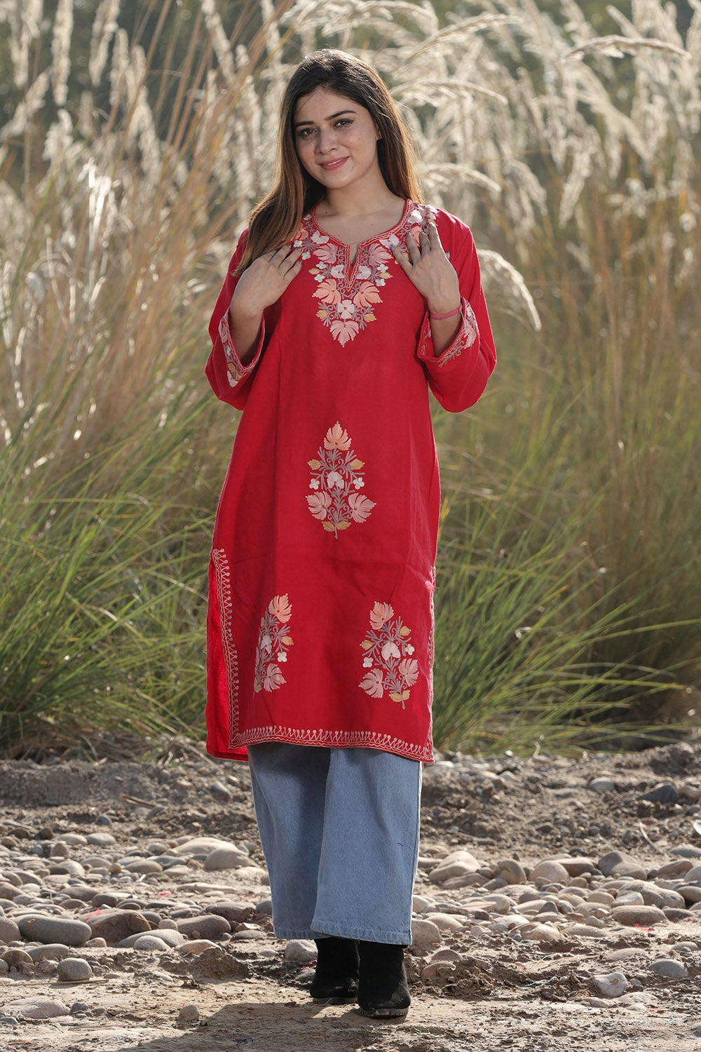 Maroon COLOUR AARI WORK EMBROIDERED KURTI WITH NEW DESIGNER