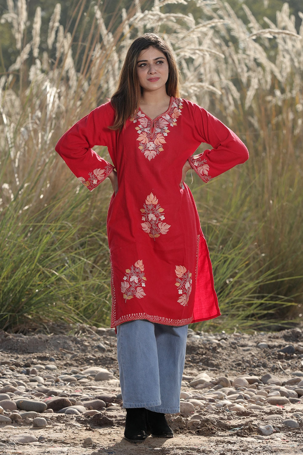Maroon COLOUR AARI WORK EMBROIDERED KURTI WITH NEW DESIGNER