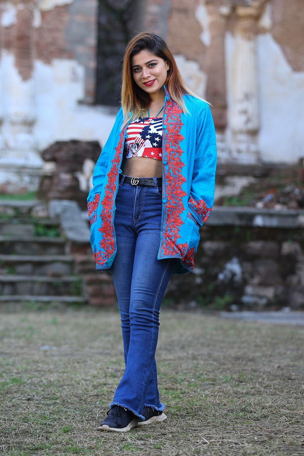 Beautiful Blue Firozi Colour Aari Work Embroidered Jacket