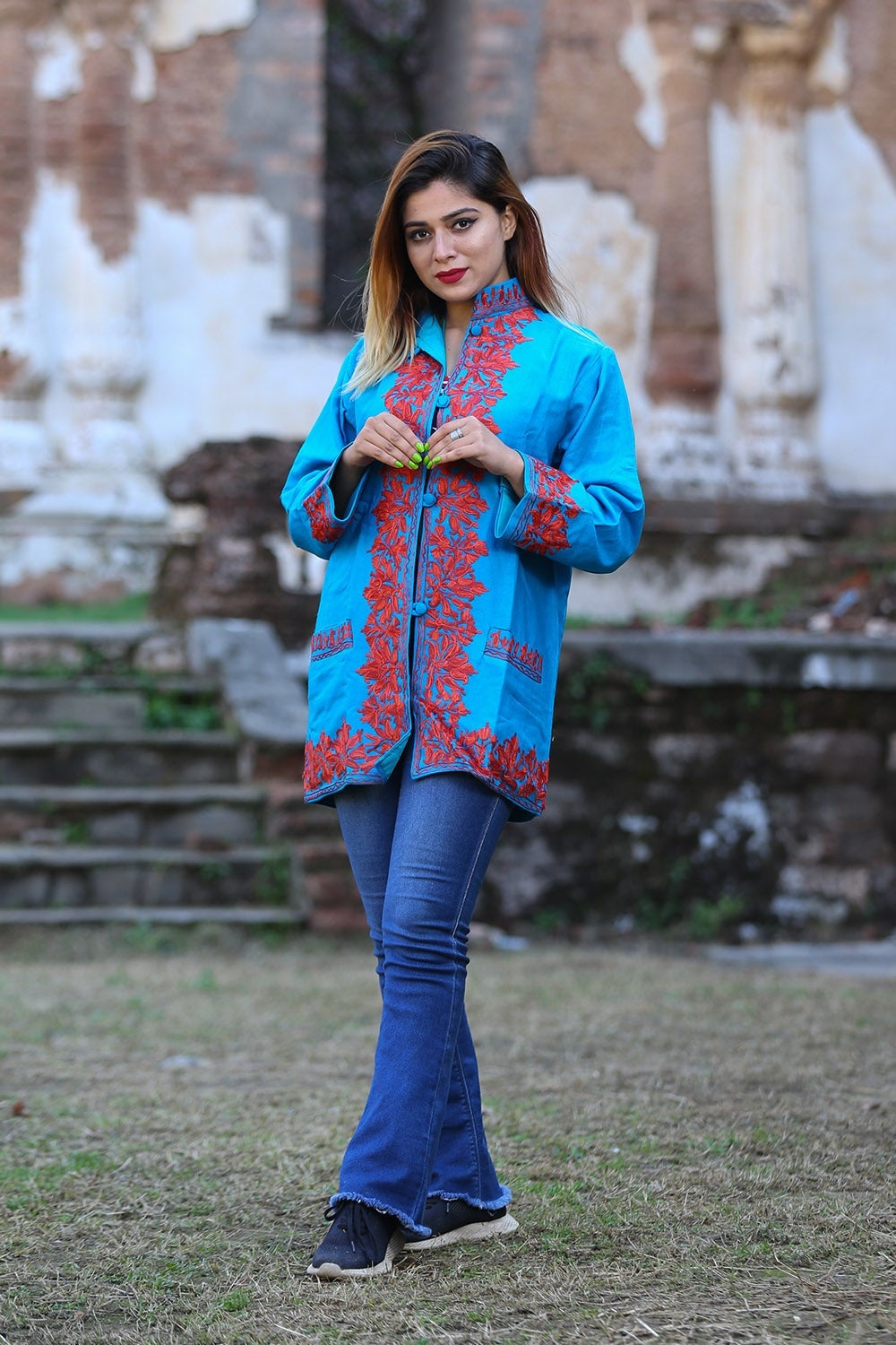 Beautiful Blue Firozi Colour Aari Work Embroidered Jacket