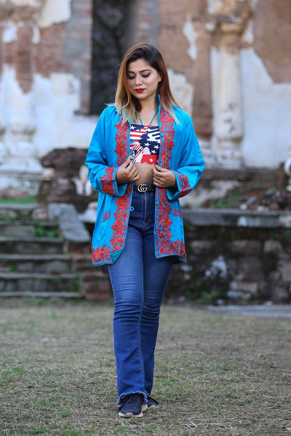 Beautiful Blue Firozi Colour Aari Work Embroidered Jacket