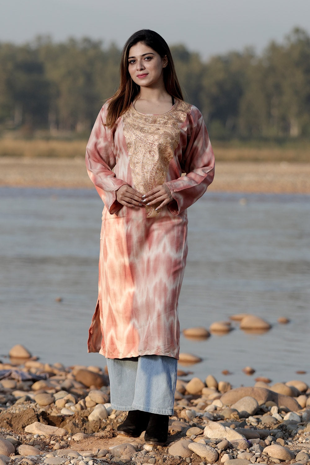 BEAUTIFUL BRICK COLOUR TIE DYE Aari Tilla Work Embroidered