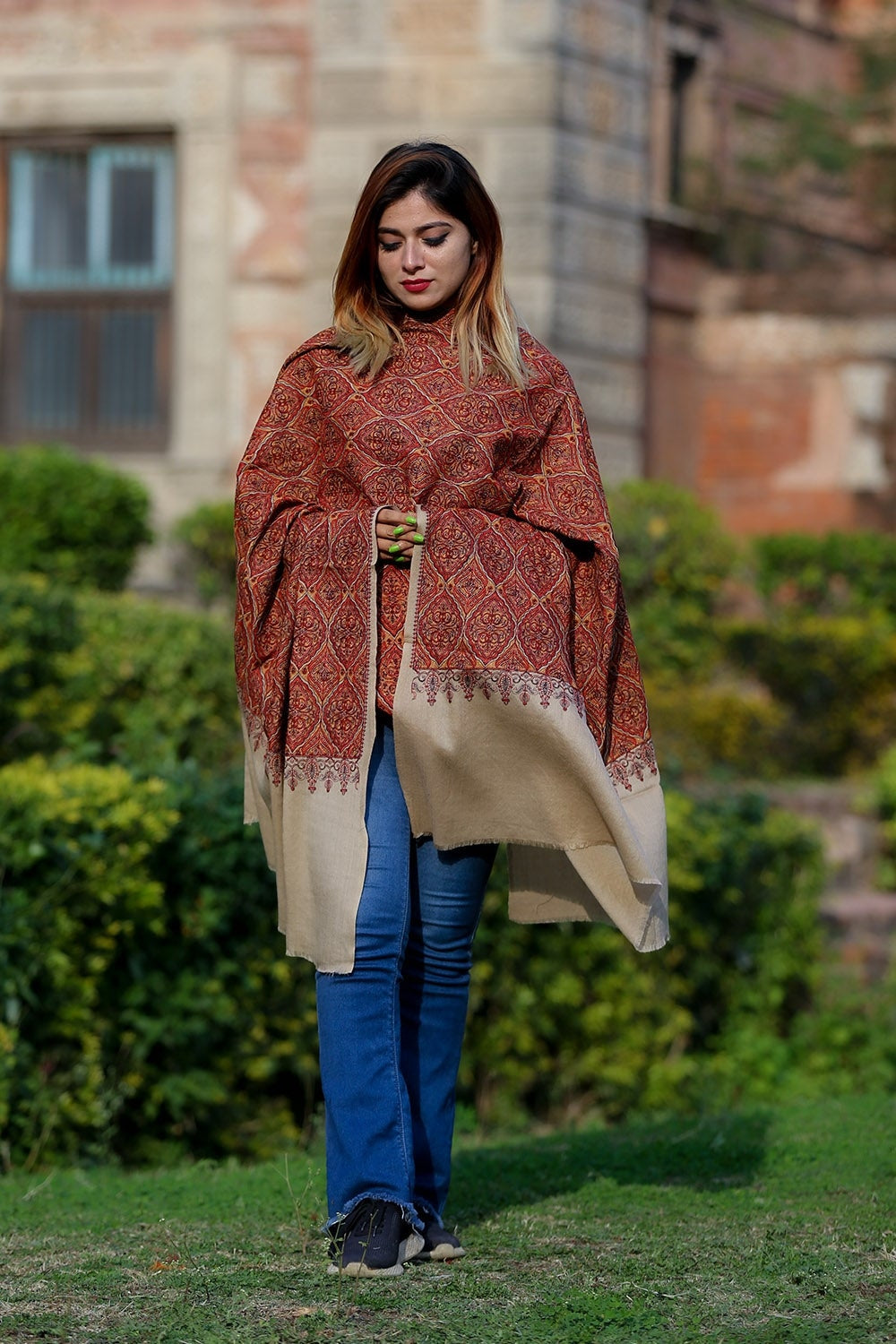 Beautiful Combination On Beige Color Embroidered Sozni