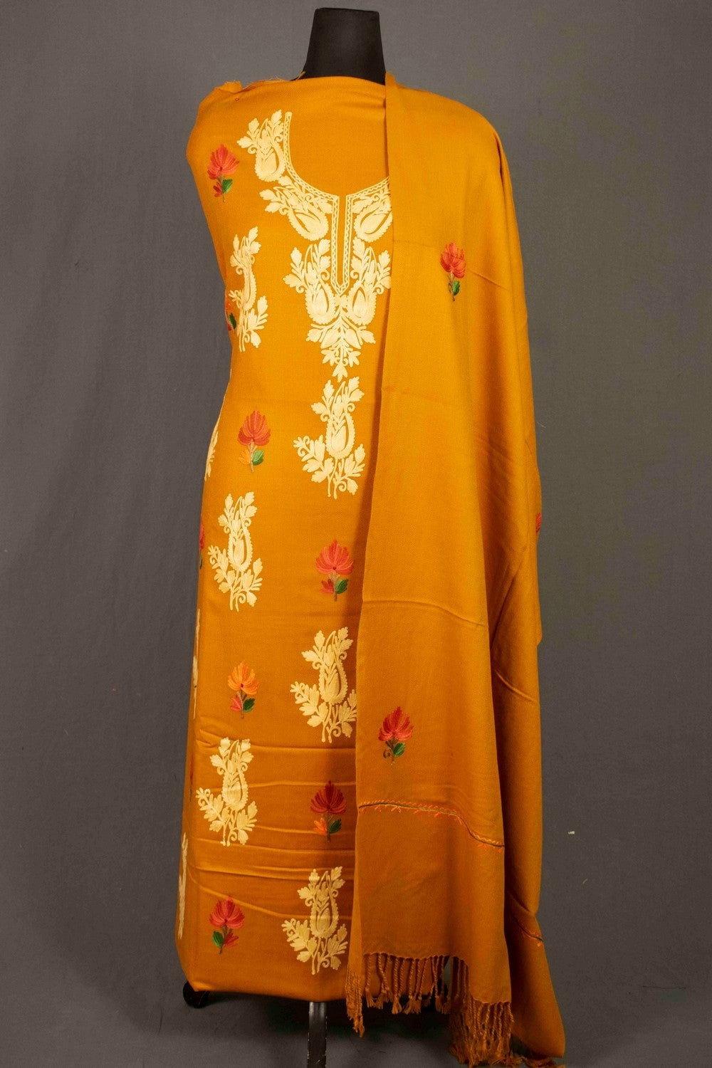 Beautiful Kashmiri Mustard Color Aari Work Embroidered