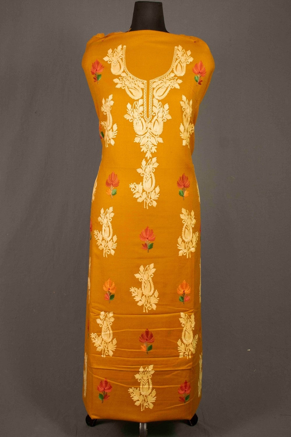 Beautiful Kashmiri Mustard Color Aari Work Embroidered