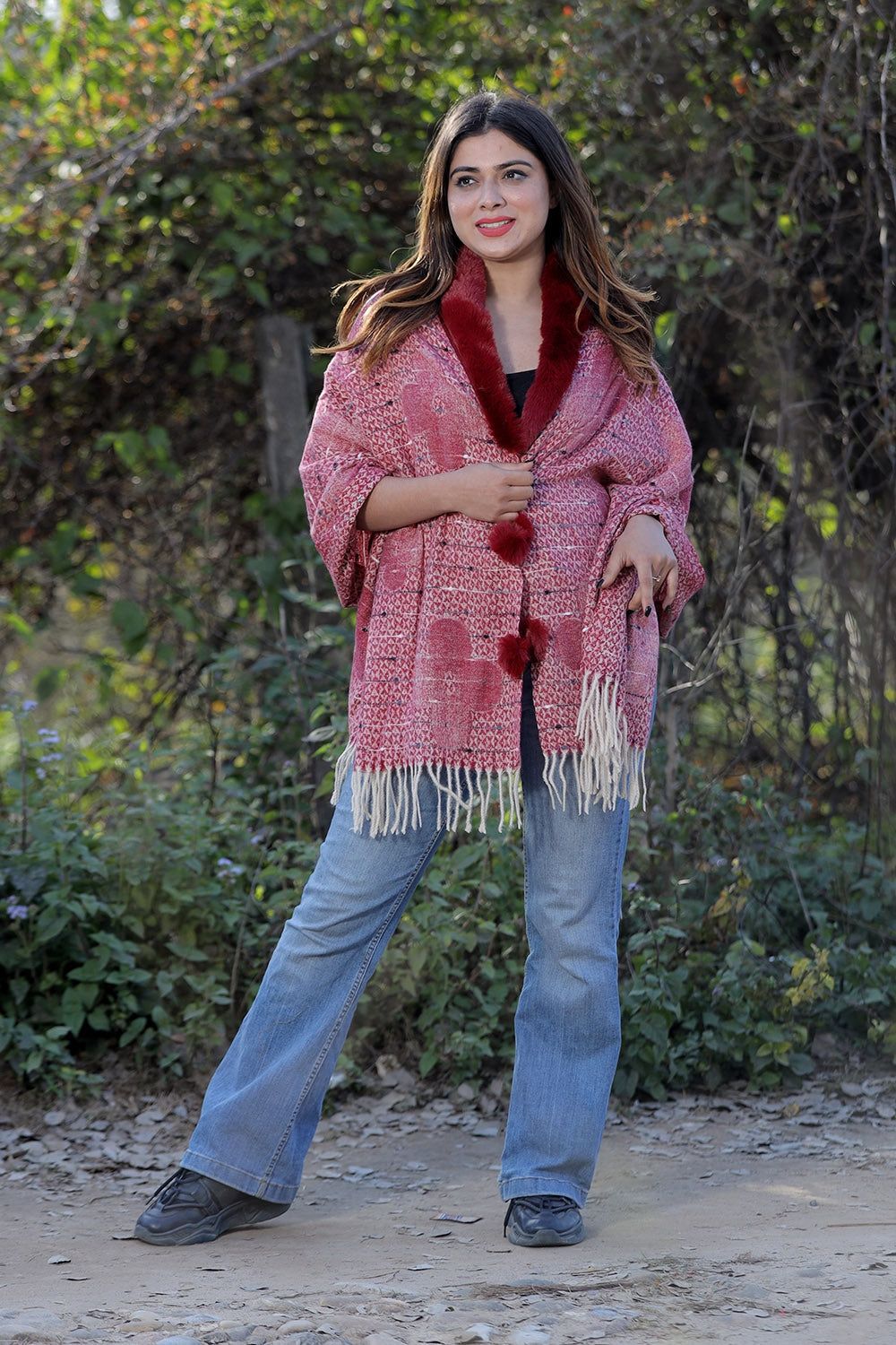 Beautiful Maroon Colour Woollen Cashmere Faux Fur Cape