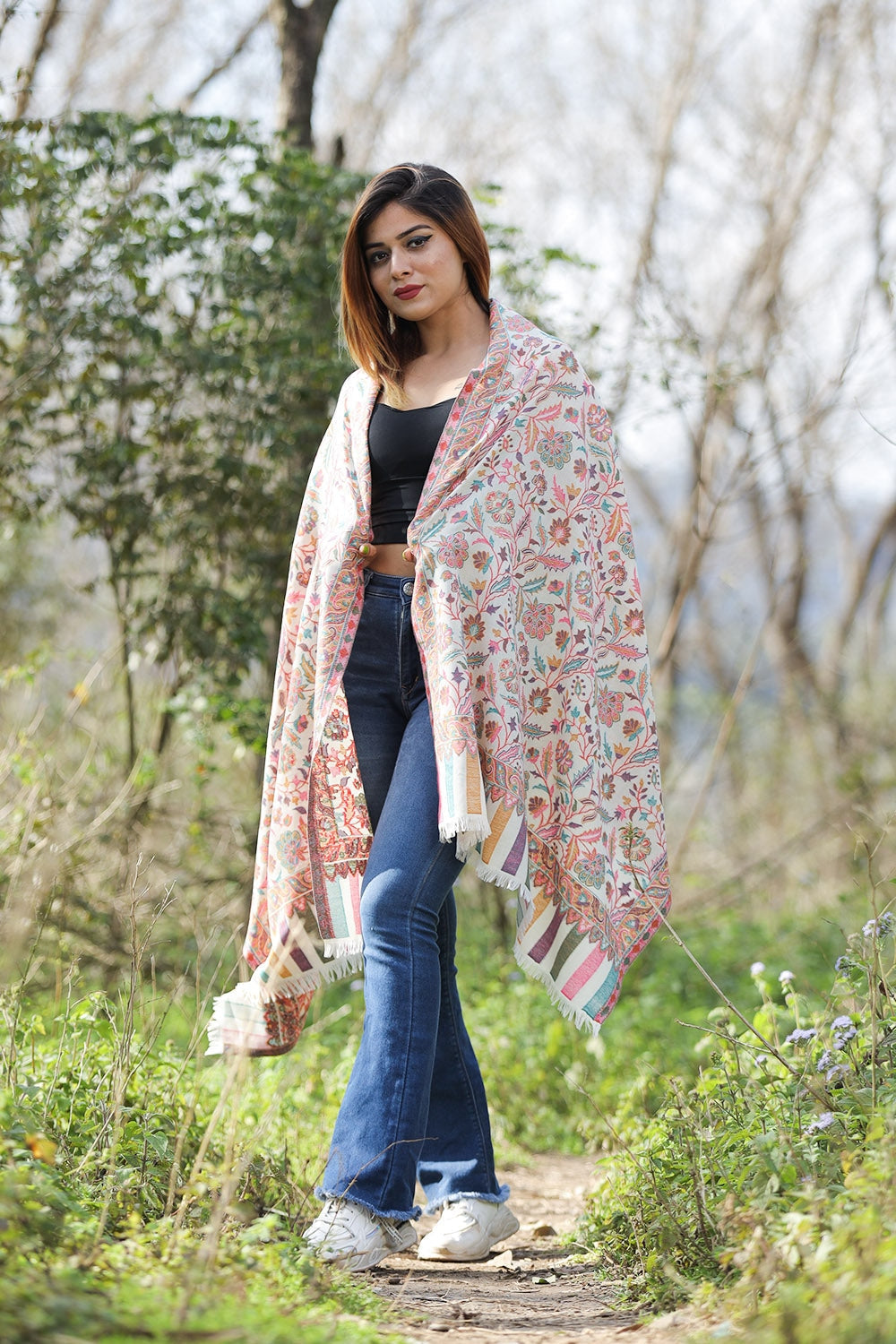 Beautiful Multicolour Ivory White Designer Shawl