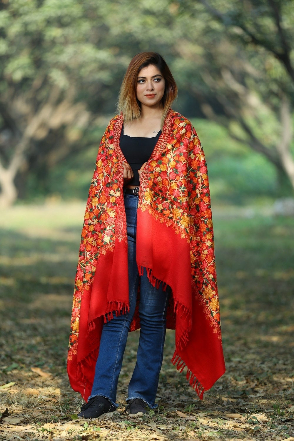 BEAUTIFUL MULTICOLOURED FLORAL ON HOT RED COLOUR SHAWL