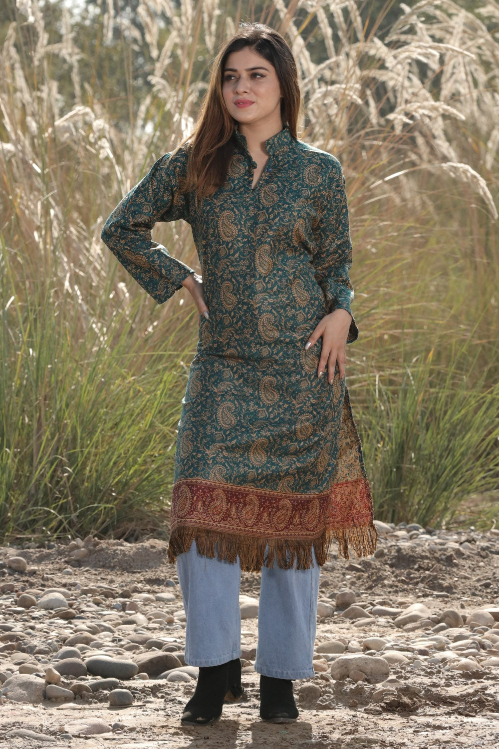 BEAUTIFUL TURQUOISE BLUE COLOUR KASHMIRI WOVEN KURTA