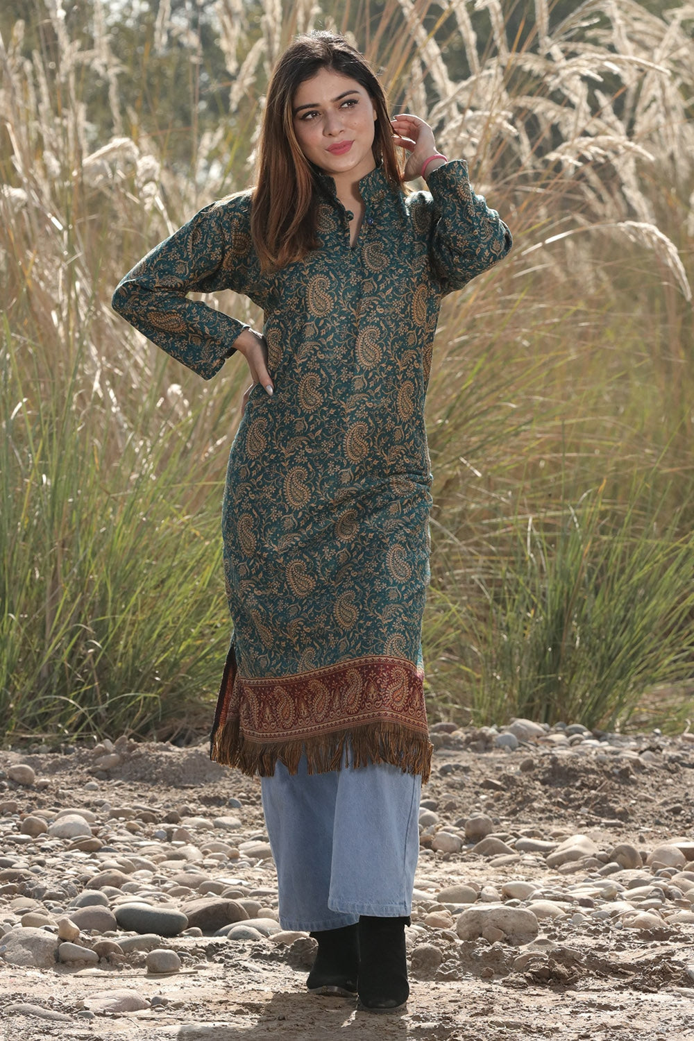 BEAUTIFUL TURQUOISE BLUE COLOUR KASHMIRI WOVEN KURTA