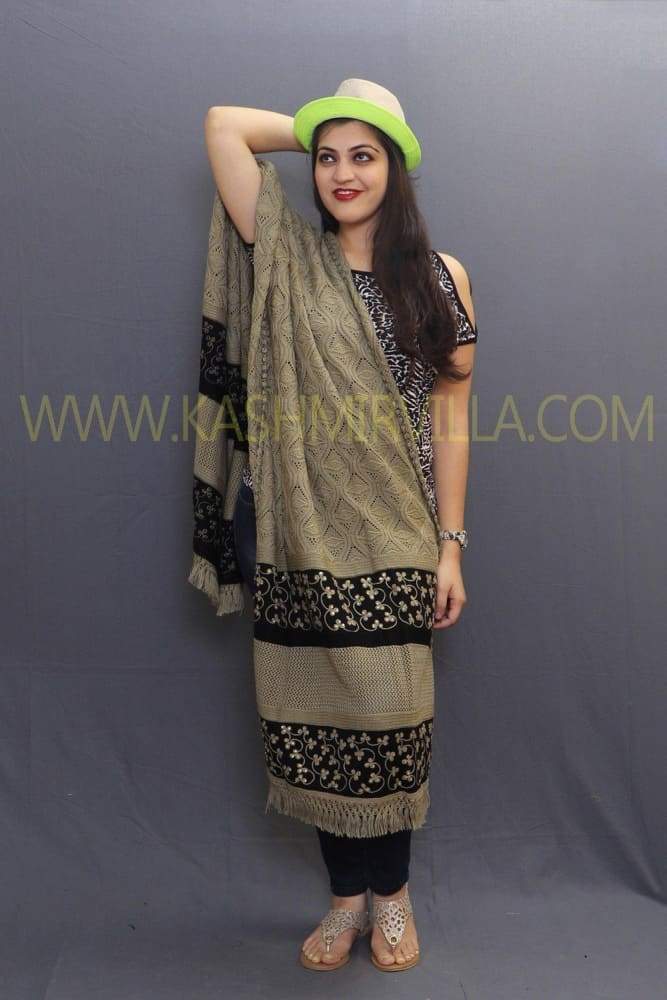 Beige Black Colour Shawl Enriched With Designer Embroidery