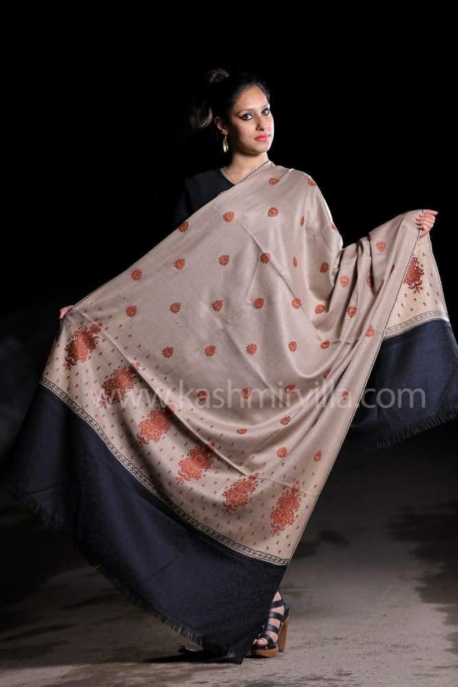 Beige Black Colour Shawl Enriched With Designer Jaal Pattern