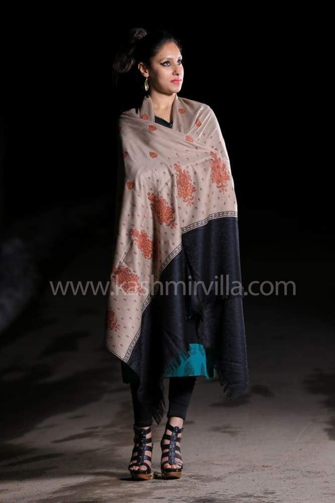 Beige Black Colour Shawl Enriched With Designer Jaal Pattern