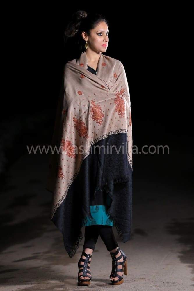 Beige Black Colour Shawl Enriched With Designer Jaal Pattern