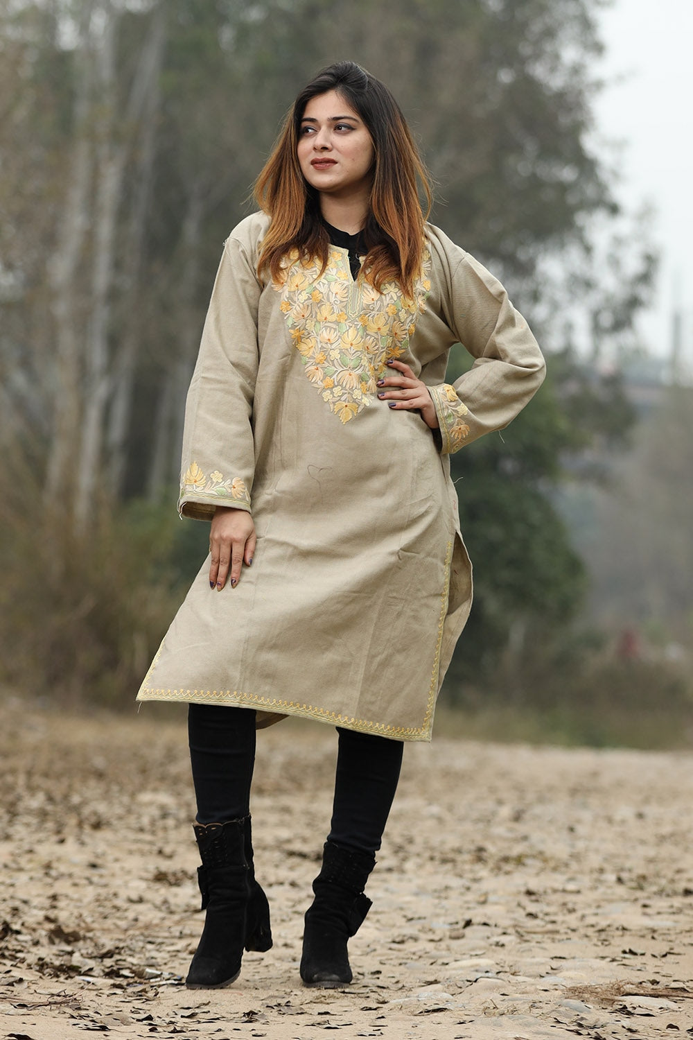 Beige Color Aari Work Embroidered Kurti With New Designer