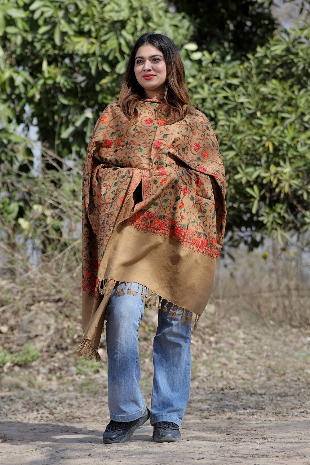 Beige Color Aari Work Embroidered Shawl Enriched