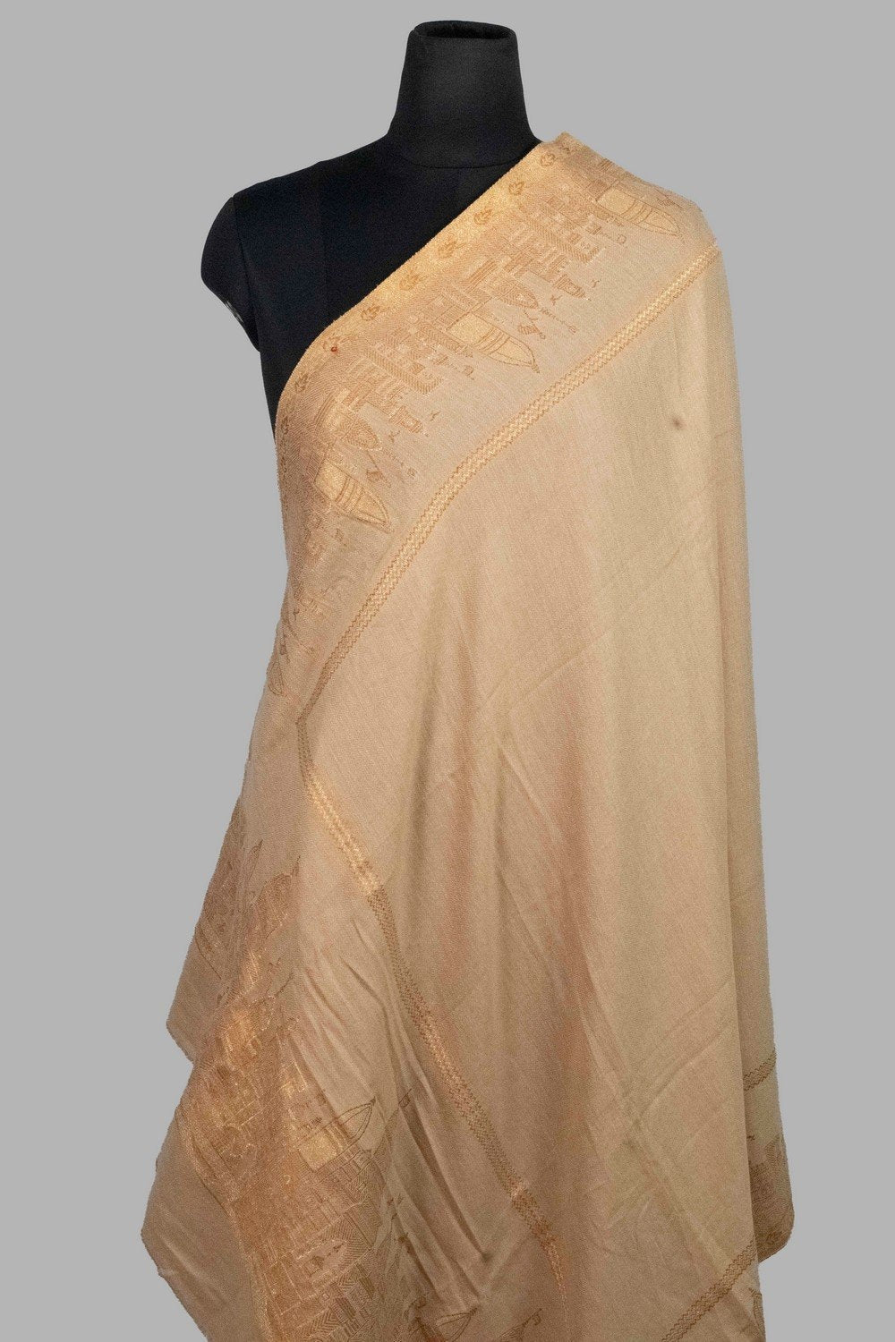 Beige Color Kashmiri Shawl With Metalic Skyline Pattern