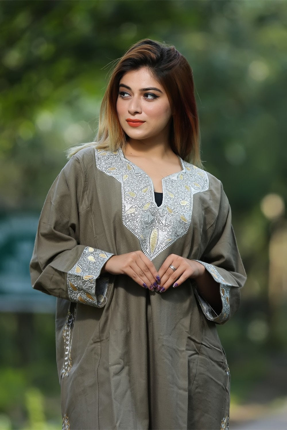 Beige Color Kashmiri Work Embroidered Phiran Enriched