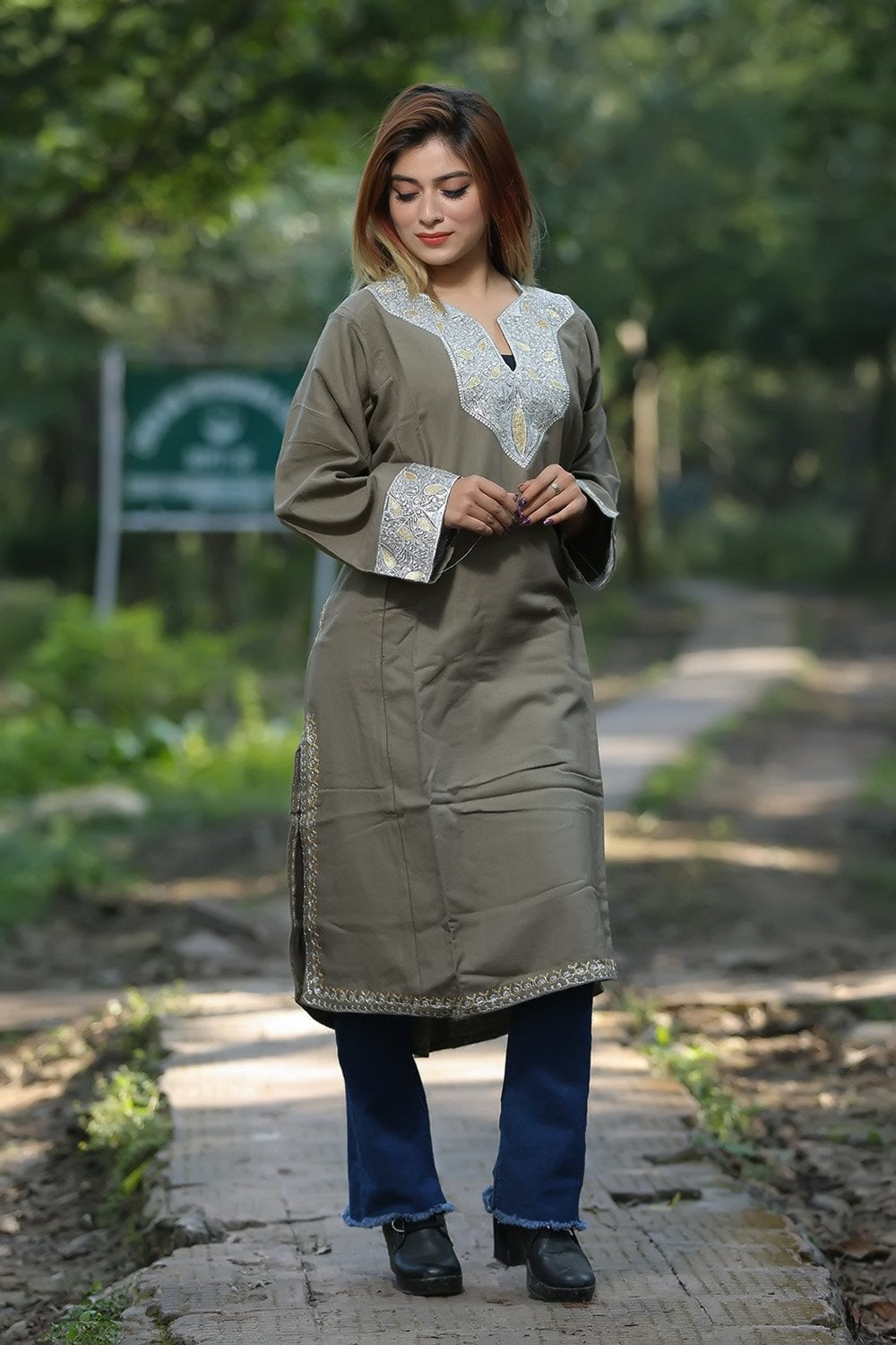 Beige Color Kashmiri Work Embroidered Phiran Enriched