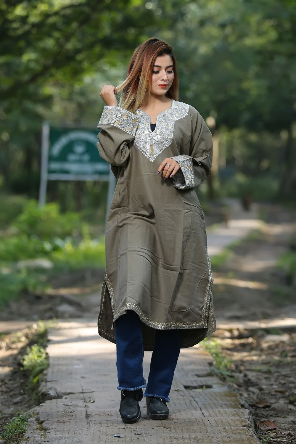 Beige Color Kashmiri Work Embroidered Phiran Enriched