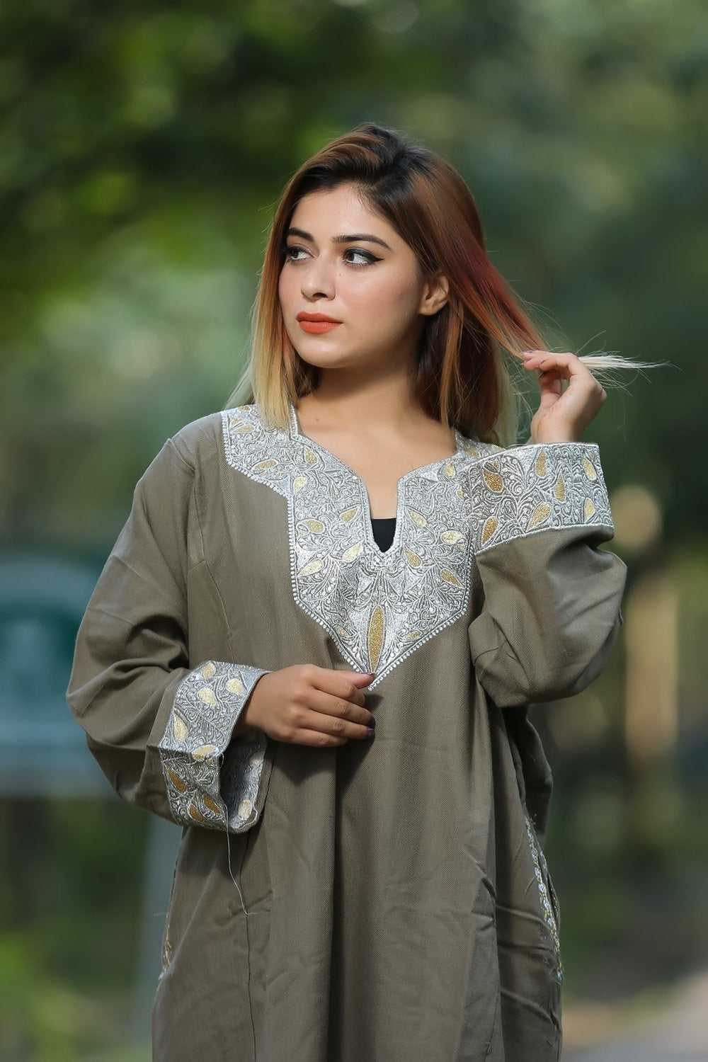 Beige color kashmiri work embroidered phiran enriched with zari Beige color kashmiri work embroidered phiran enriched with zari