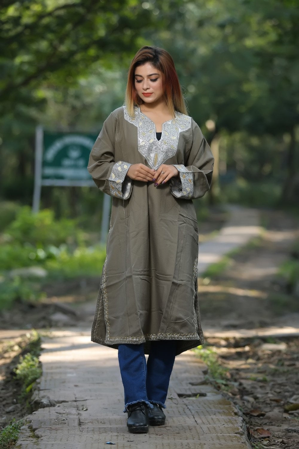 Beige Color Kashmiri Work Embroidered Phiran Enriched