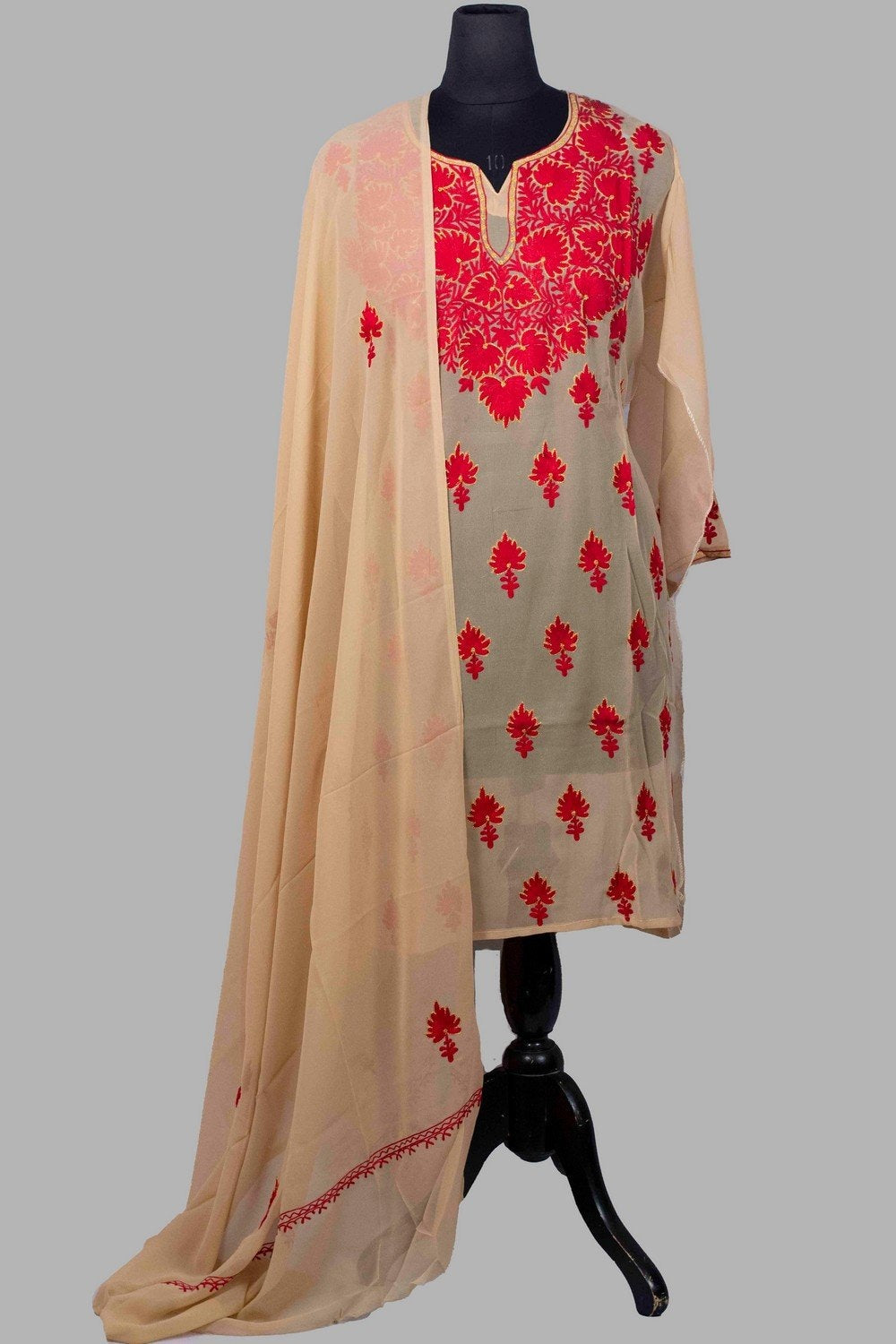 Beige Colour Aari Work Kurti With Golden Thread Embroidery