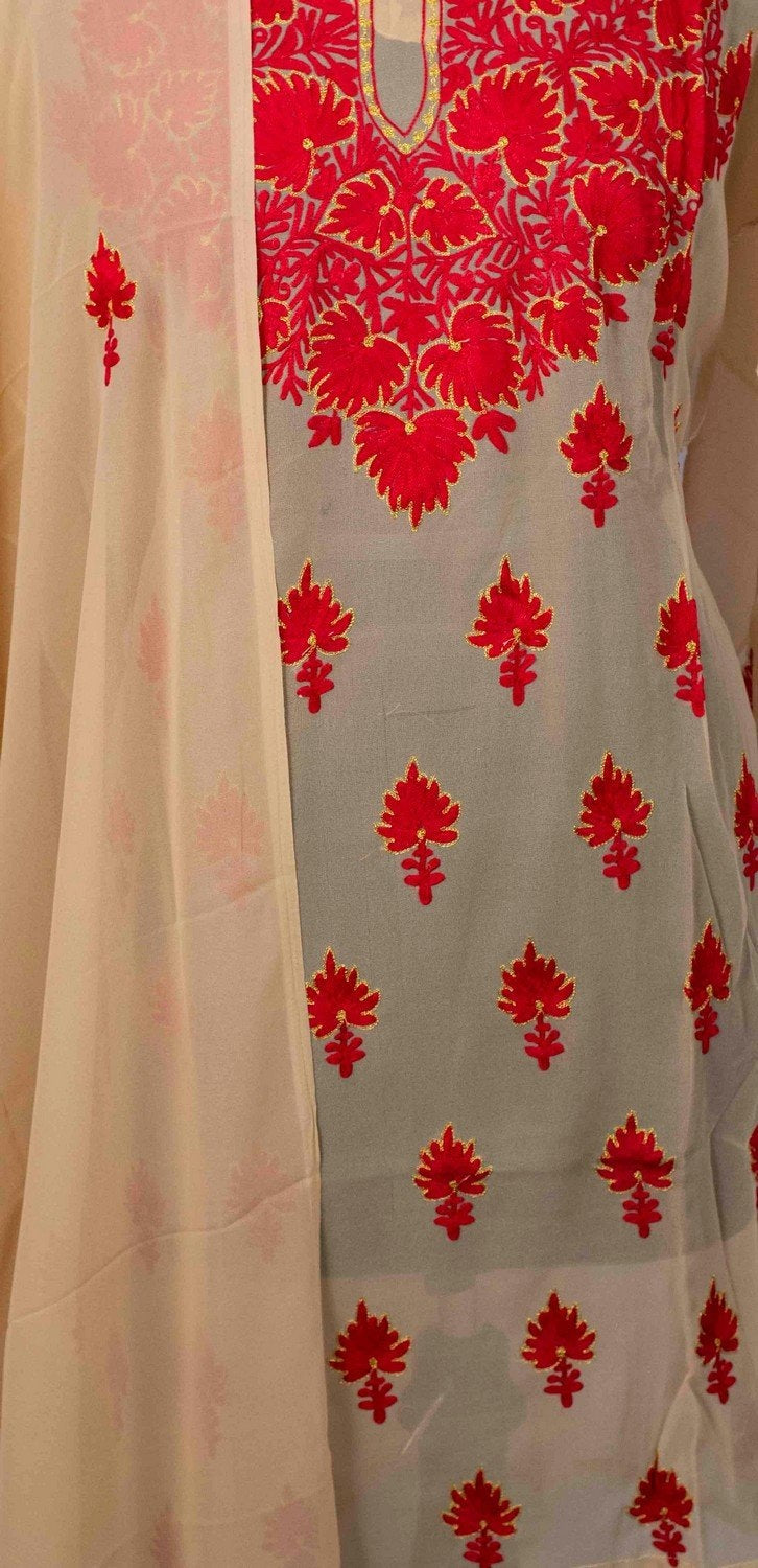 Beige Colour Aari Work Kurti With Golden Thread Embroidery