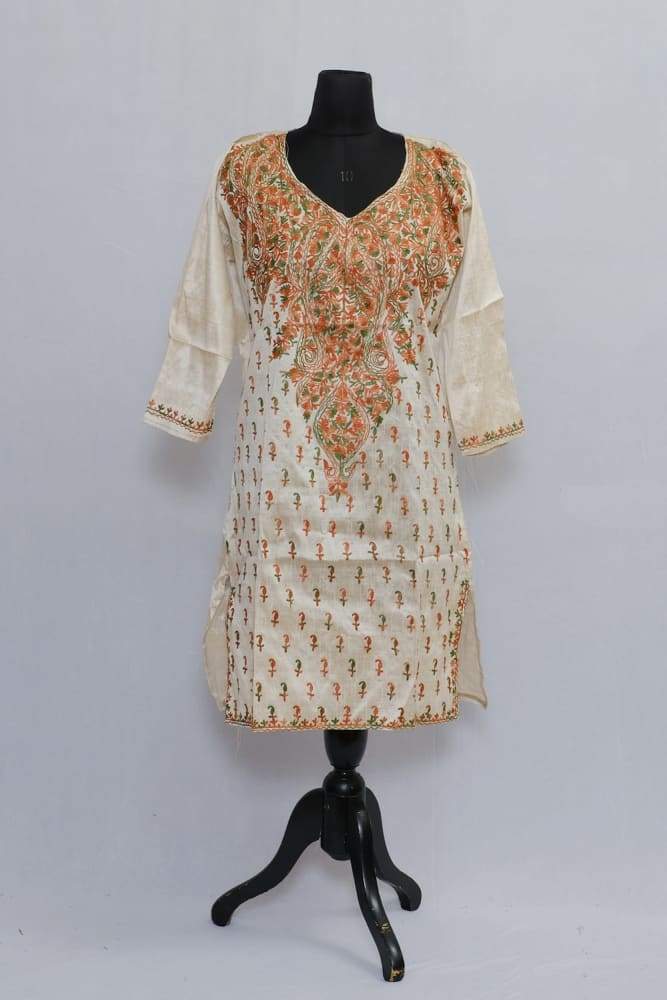 Beige Colour Aari Work Kurti With Multi Heavy Neckline