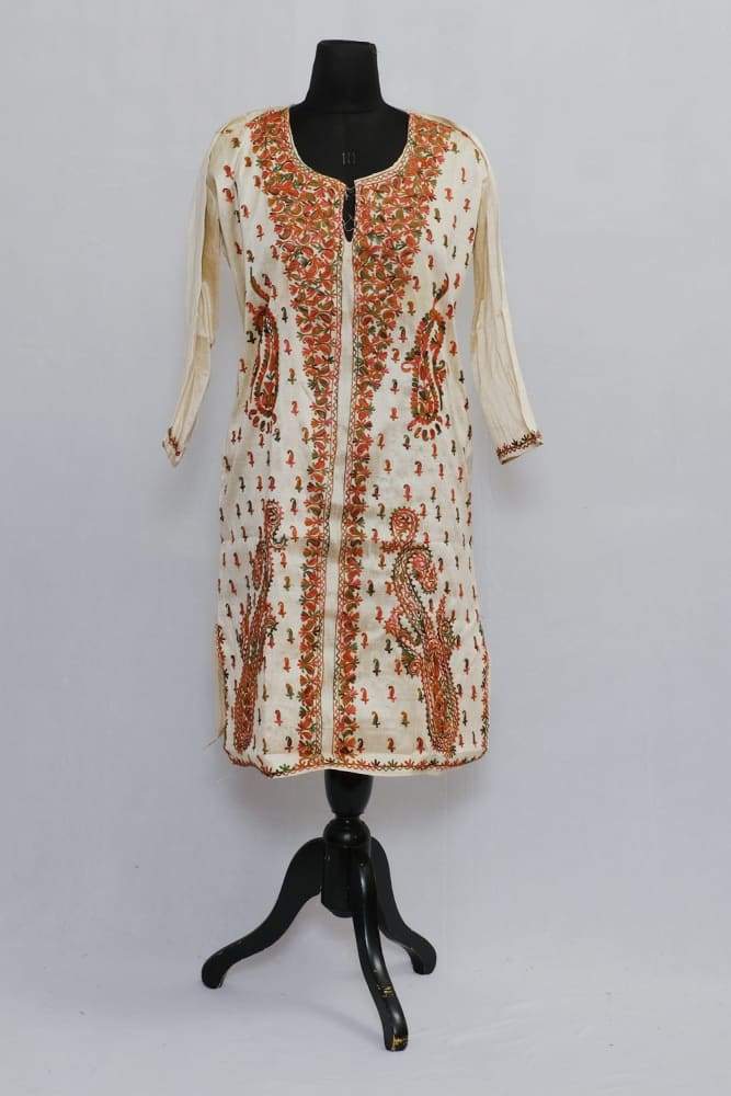 Beige Colour Aari Work Kurti With Multi Neckline