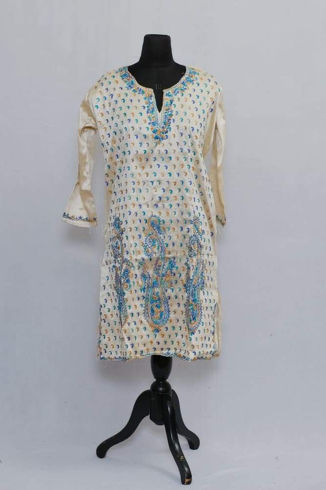 Beige Colour Aari Work Kurti With Multi V Neckline