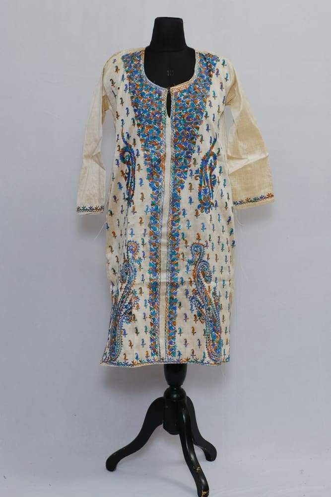 Beige Colour Aari Work Kurti With Multi Sherwani Pattern
