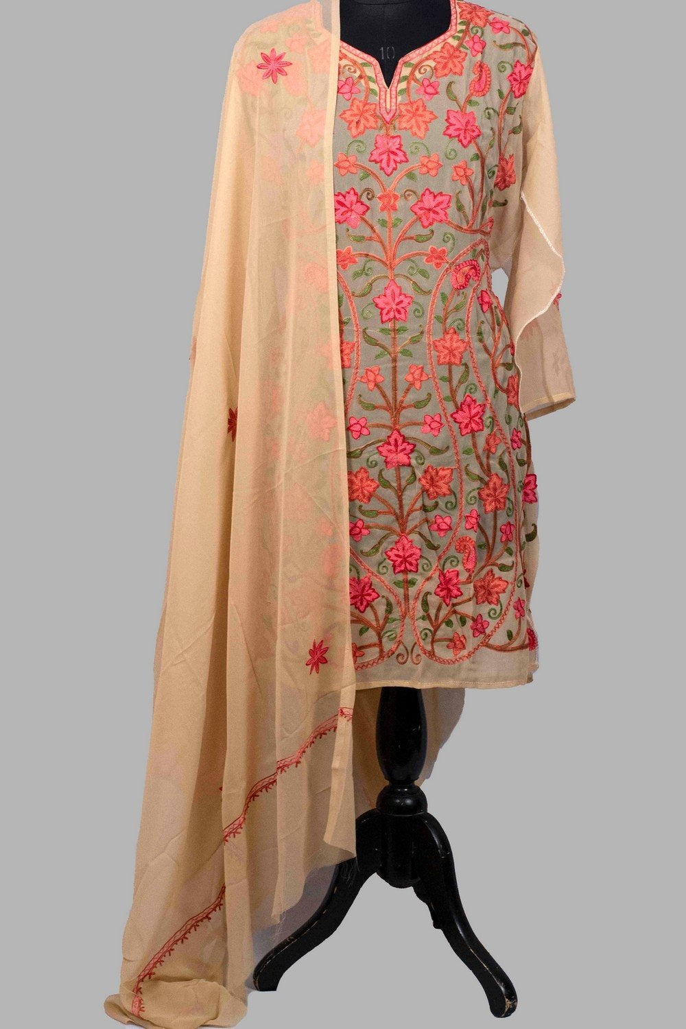 Beige Colour Aari Work Neck Kurti With Thread Embroidery