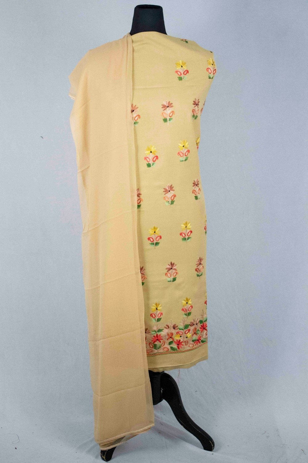 Beige Colour Aari Work Salwar Kameez With Zari Neckline