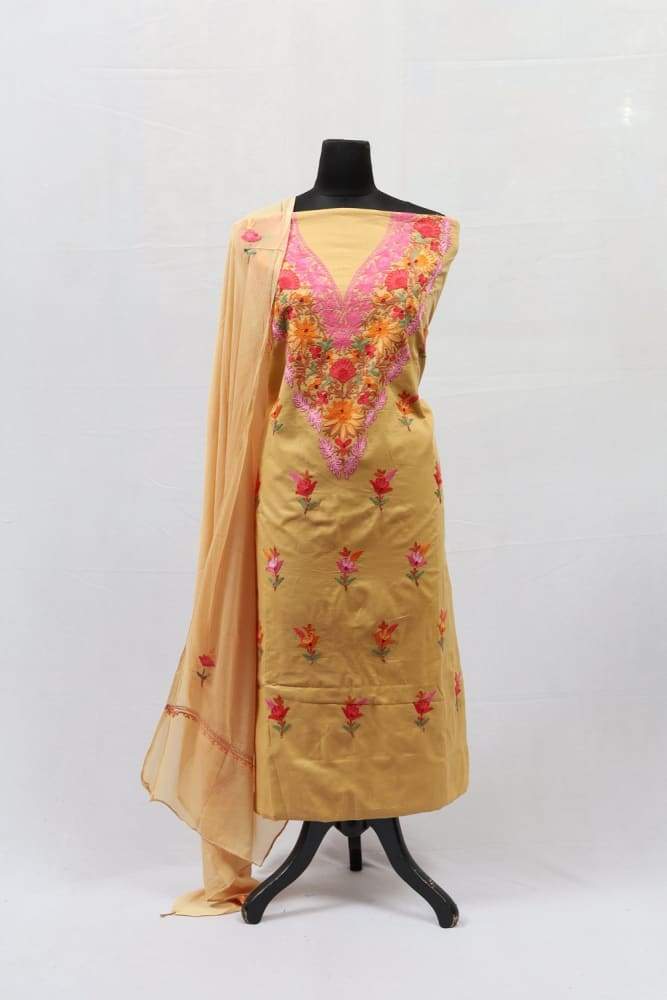 Beige Colour Kashmiri Aari Work Embroidered Cotton Suit