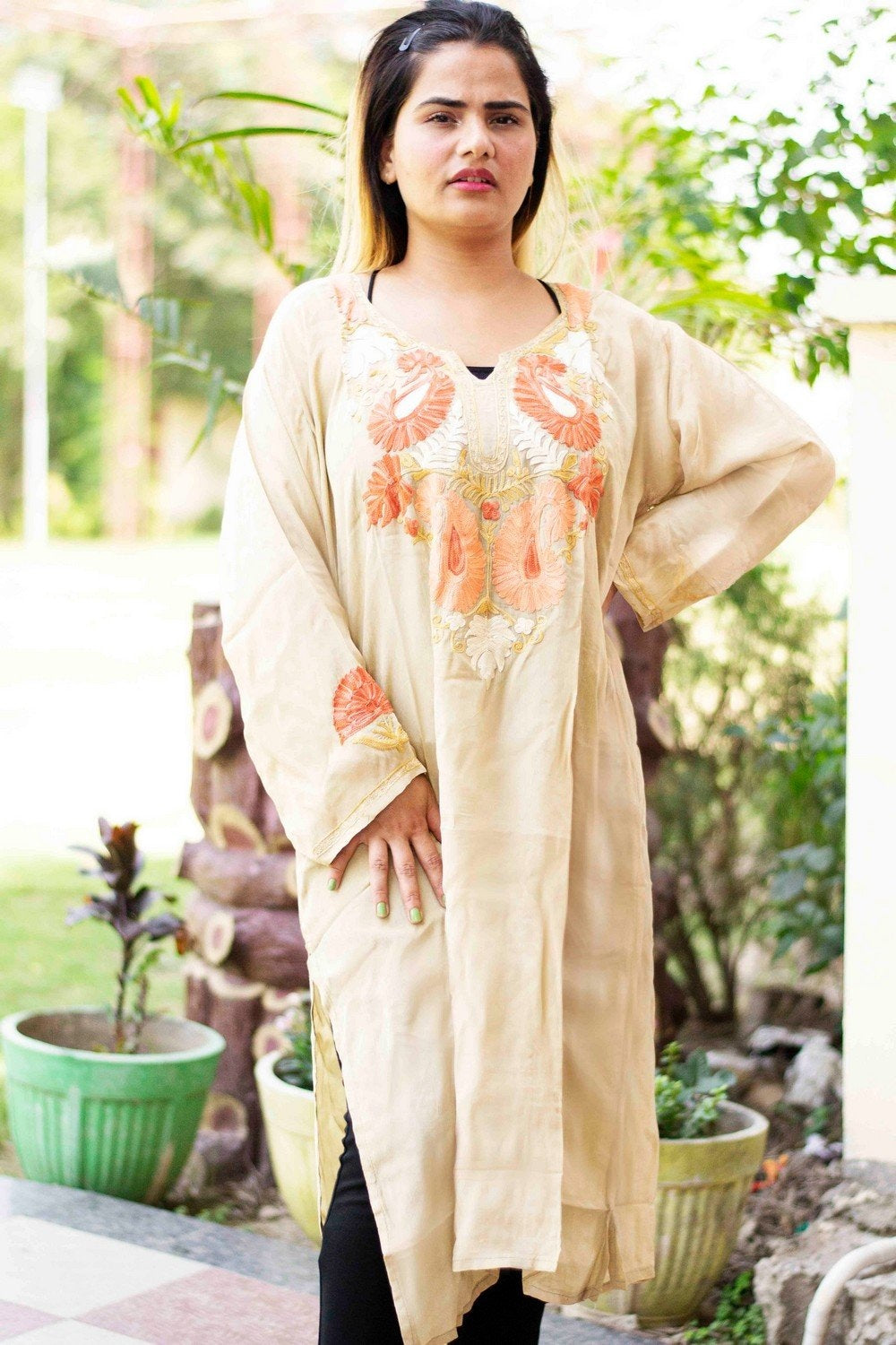 Beige Colour Kashmiri Crepe Kurti With Beautiful Aari