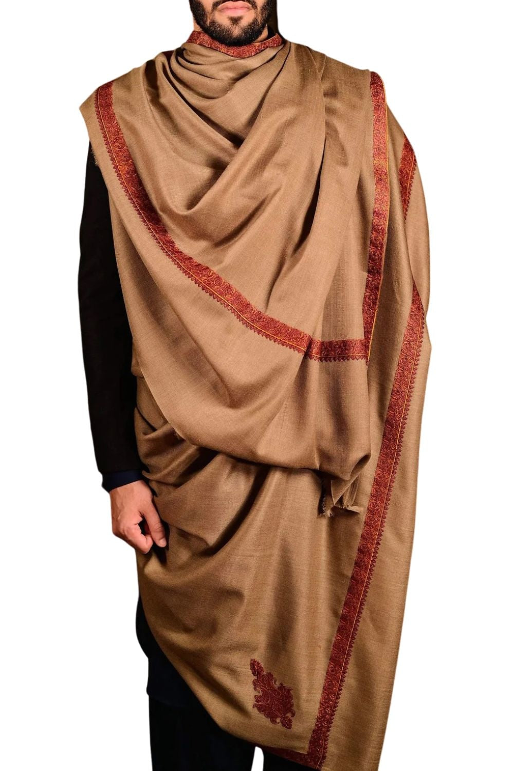 Beige Colour Kashmiri Sozni Needle Hand Work Gents Shawl
