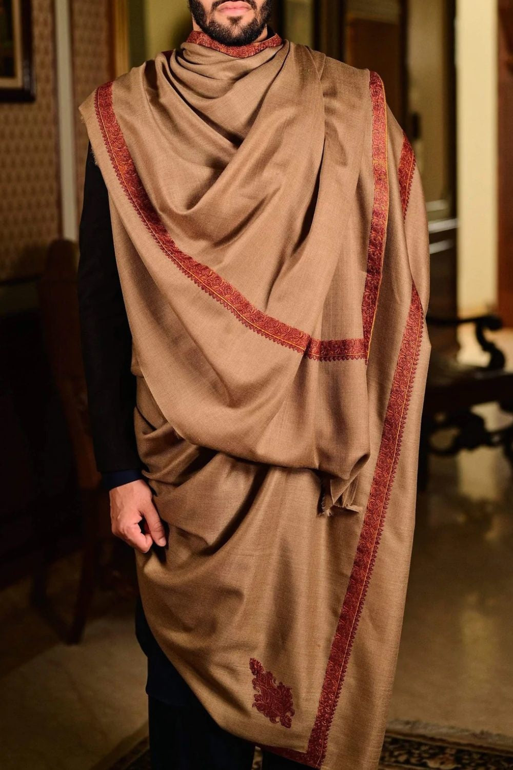 Beige Colour Kashmiri Sozni Needle Hand Work Gents Shawl