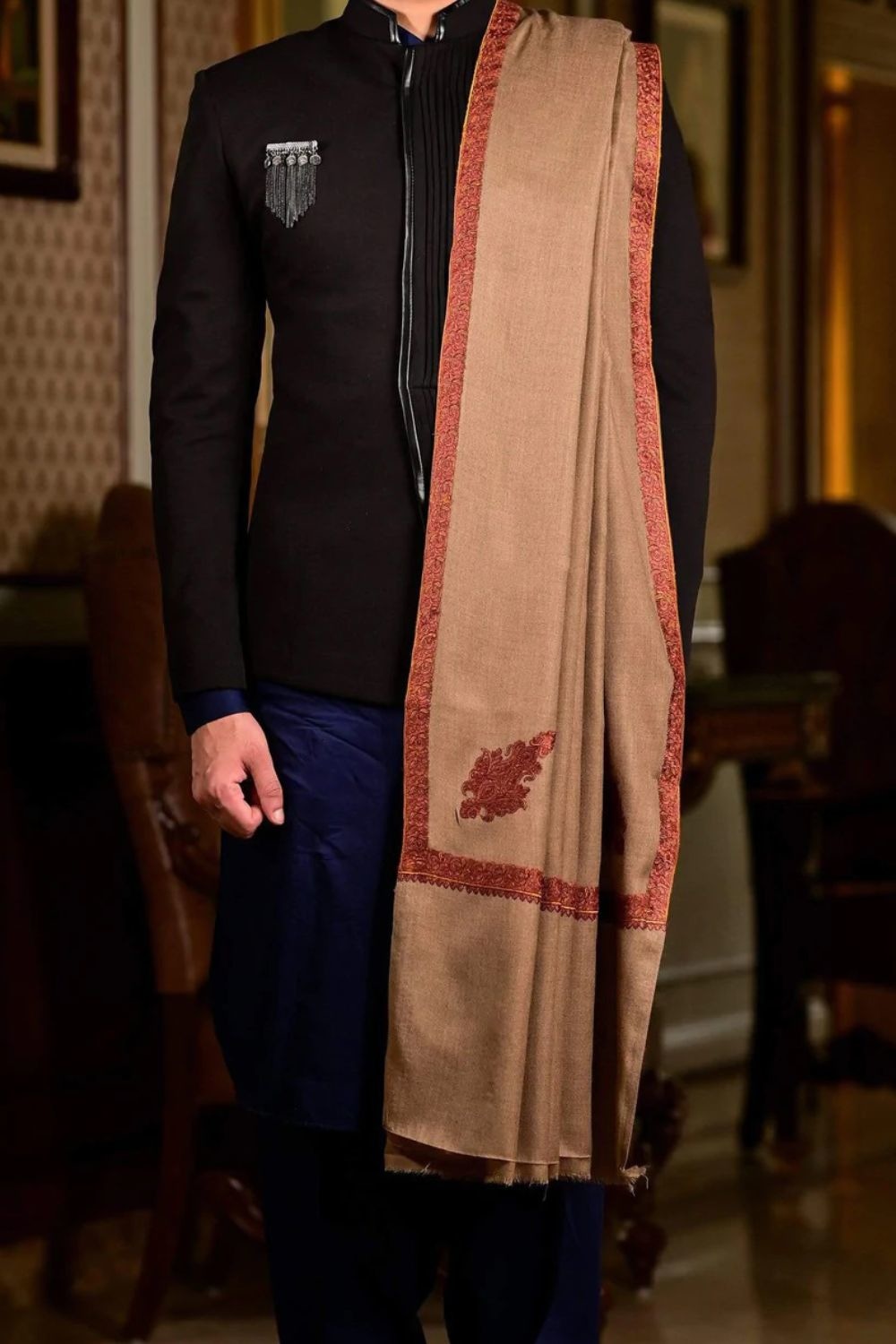 Beige Colour Kashmiri Sozni Needle Hand Work Gents Shawl