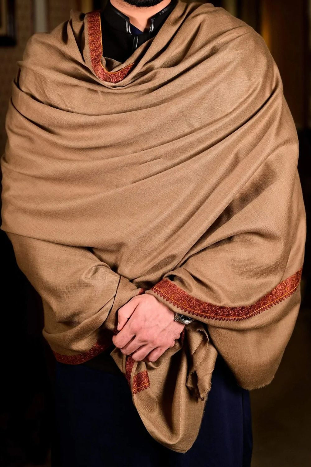 Beige Colour Kashmiri Sozni Needle Hand Work Gents Shawl