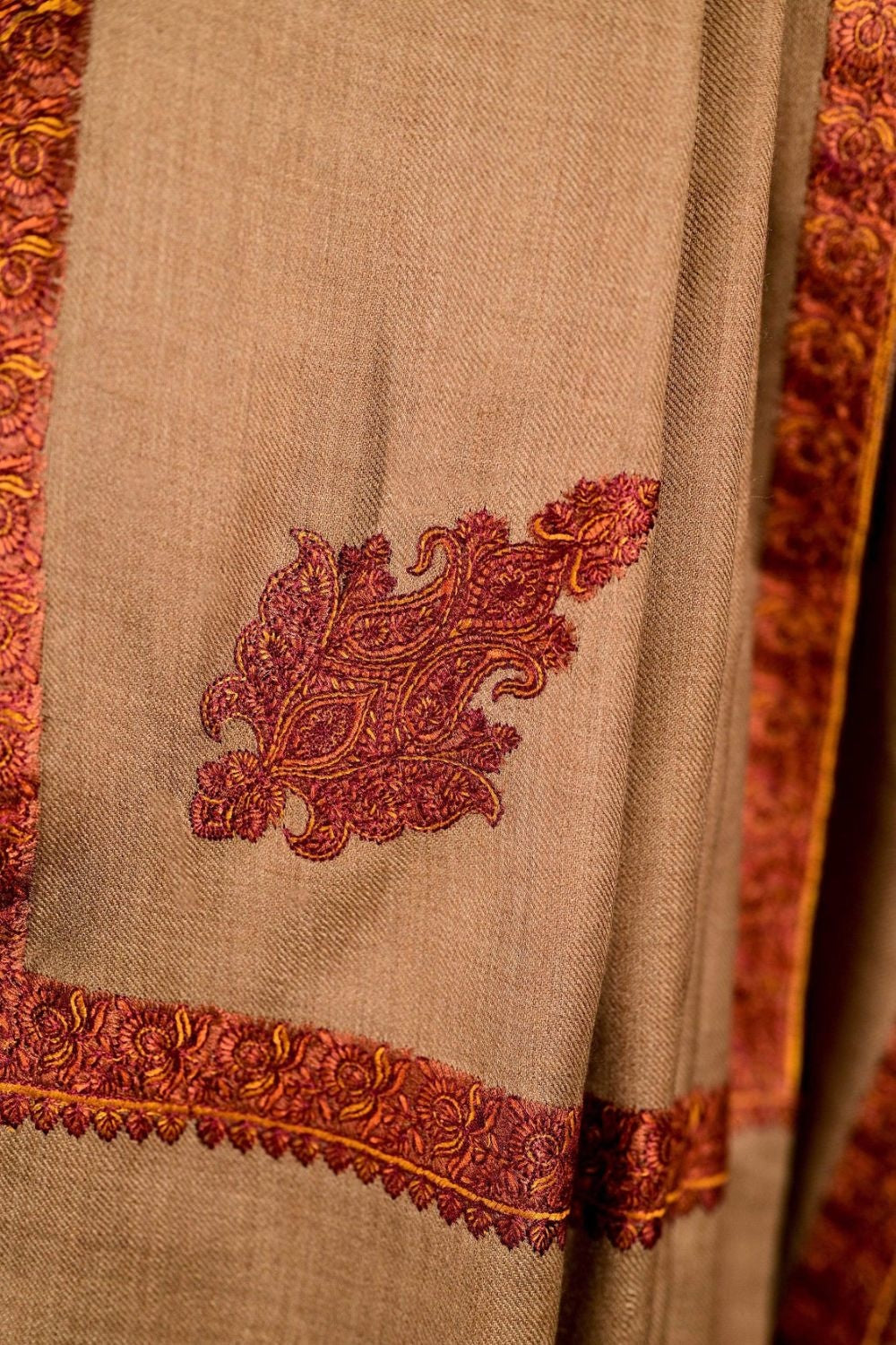 Beige Colour Kashmiri Sozni Needle Hand Work Gents Shawl