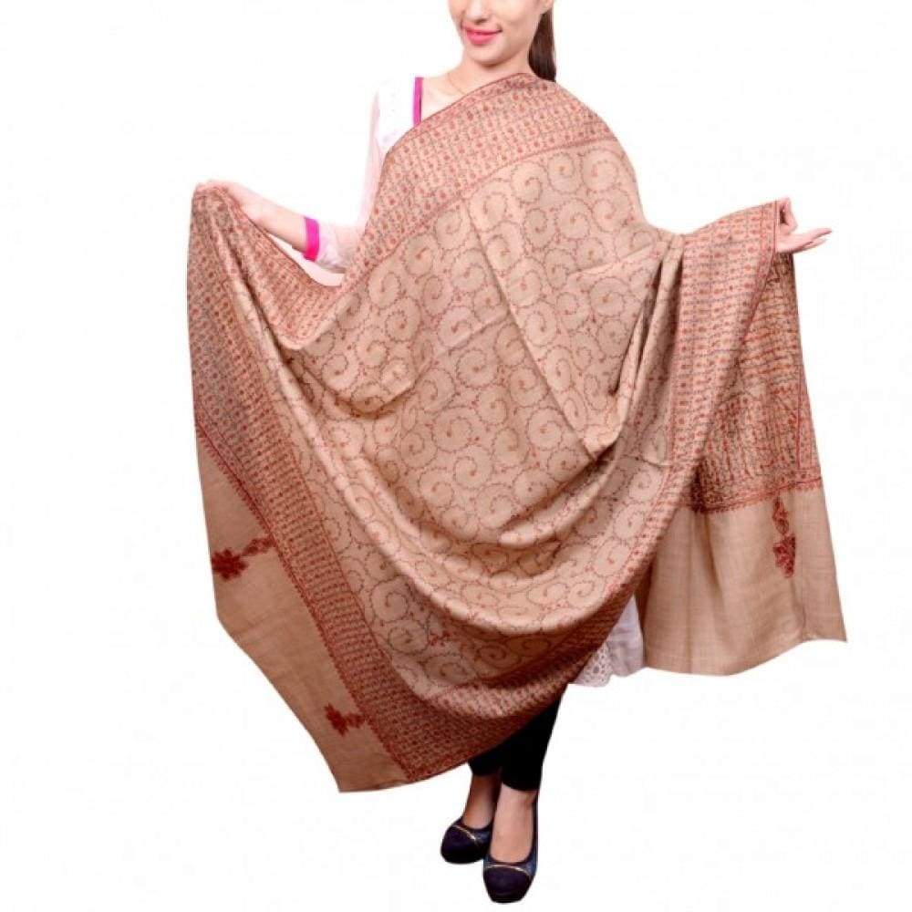 Beige Colour Kashmiri Sozni Work Embroidered Shawl Enriched