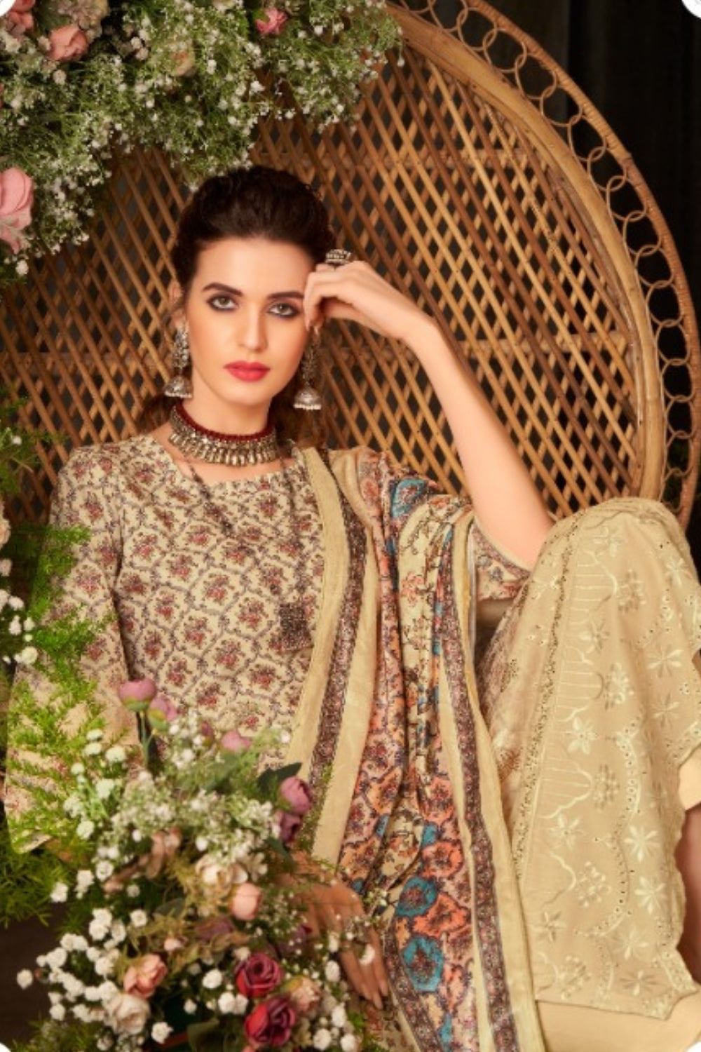 Beige Colour Printed Woolen Unstitched Suit Fabric