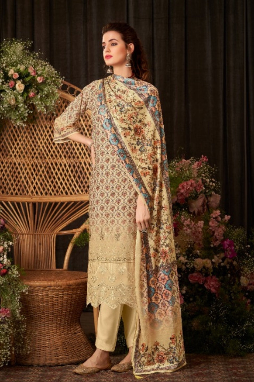 Beige Colour Printed Woolen Unstitched Suit Fabric