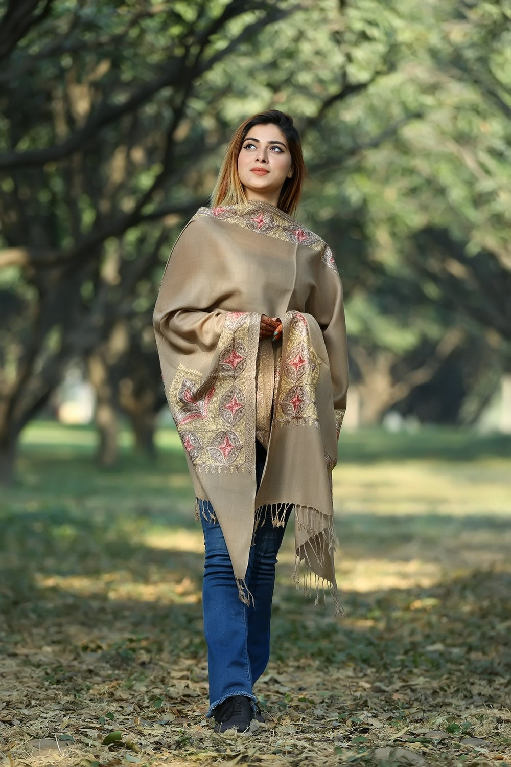 BEIGE COLOUR (SANDY FAWN) TILLA EMBROIDERED STOLE KEEPS