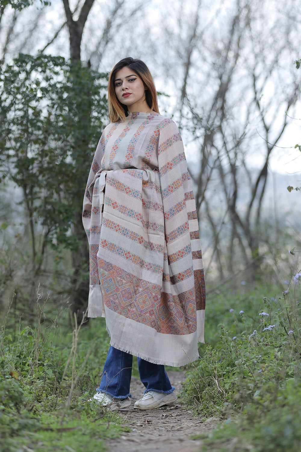 Beige Colour Shawl With Flower Pattern Style Bold And Dense