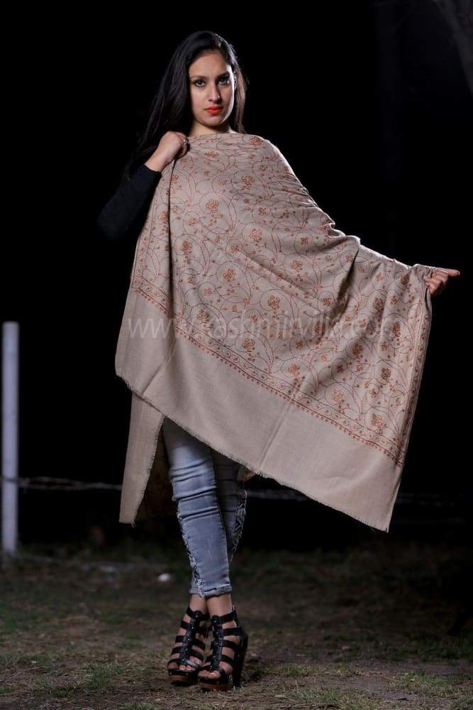 Beige Colour Shawl With SemiPashmin Base Rich AllOver Jaal