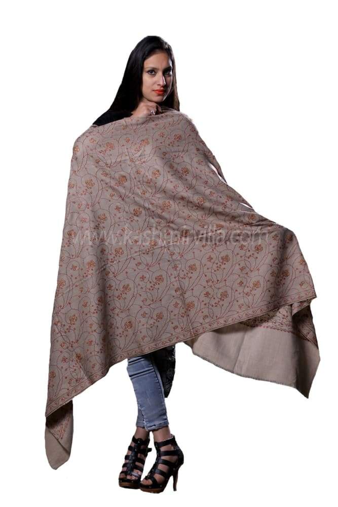Beige Colour Shawl With SemiPashmin Base Rich AllOver Jaal