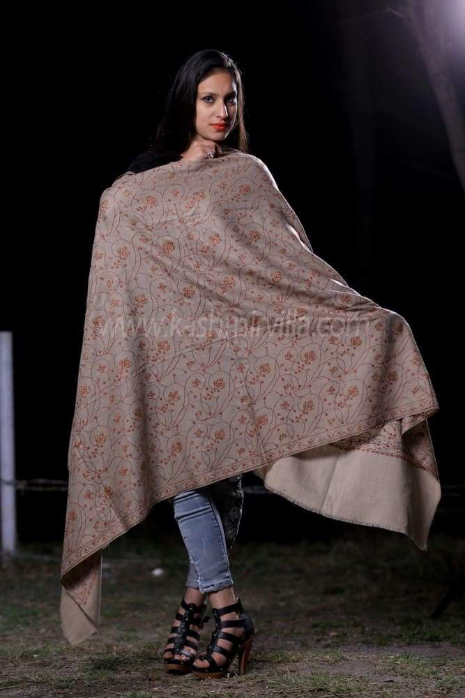 Beige Colour Shawl With SemiPashmin Base Rich AllOver Jaal